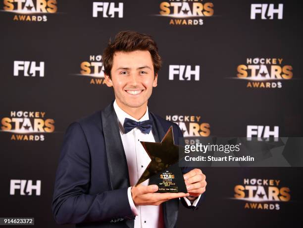 Arthur van Doren of Belgium holds his rising star award during the Hockey Star Awards night at Stilwerk on February 5, 2018 in Berlin, Germany.