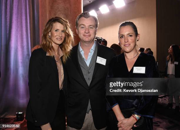 Actor Laura Dern, director Christopher Nolan and producer Emma Thomas attend the 90th Annual Academy Awards Nominee Luncheon at The Beverly Hilton...