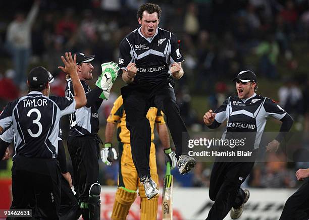 Kyle Mills of New Zealand celebrates the wicket of Ricky Ponting of Australia during the ICC Champions Trophy Final between Australia and New Zealand...