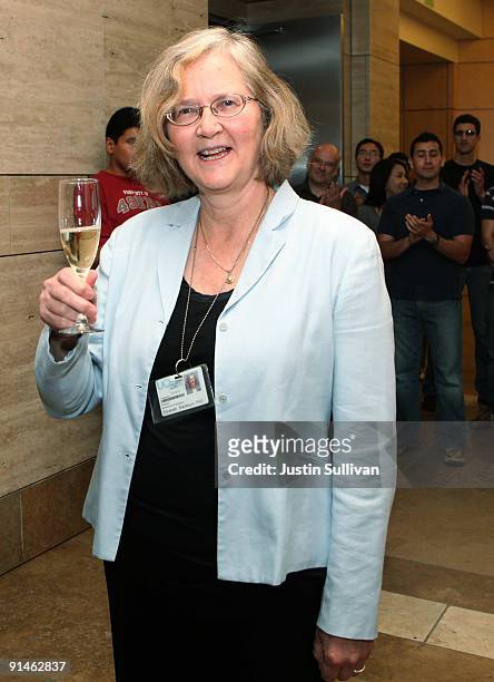 University of California San Francisco scientist Elizabeth Blackburn celebrates with champagne after winning the Nobel Prize in Medicine October 5,...