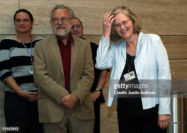 University of California San Francisco scientist Elizabeth Blackburn reacts to cheers as she celebrates with UCSF employees after winning the Nobel...