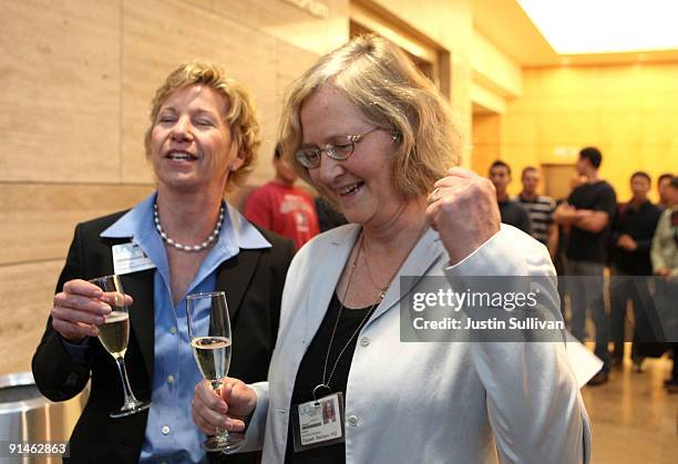 University of California San Francisco scientist Elizabeth Blackburn celebrates with UCSF Chancellor Sue Desmond-Hellmann after winning the Nobel...