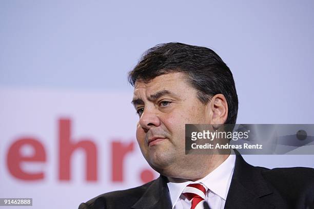 Sigmar Gabriel adresses the media during a press conference following a meeting of the party's executive committee at Willy-Brandt-Haus on October 5,...