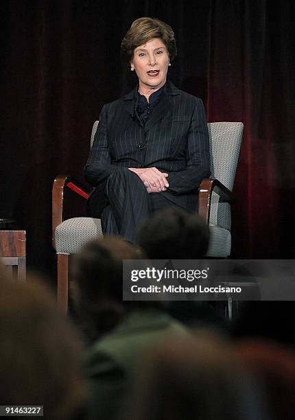 Former First Lady Laura Bush addresses the audience during a Q&A at the 3rd Annual More Magazine Reinvention Convention at Pier Sixty at Chelsea...