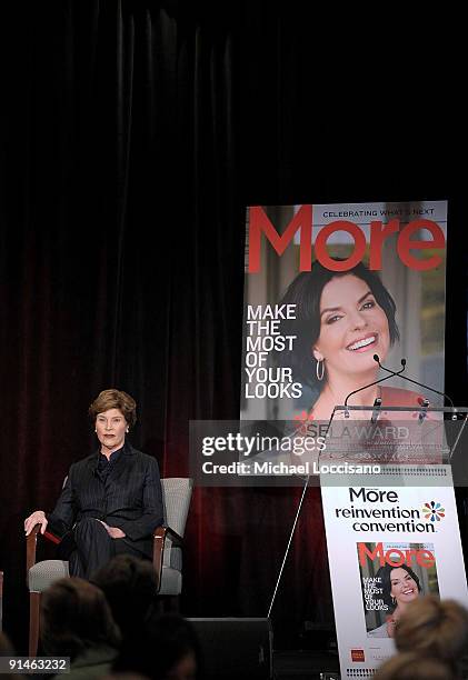 Former First Lady Laura Bush addresses the audience during a Q&A at the 3rd Annual More Magazine Reinvention Convention at Pier Sixty at Chelsea...