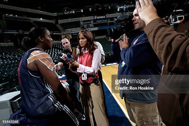 Ebony Hoffman of the Indiana Fever speaks to the media during media availability after Game Three of the WNBA Finals on October 5, 2009 at Conseco...