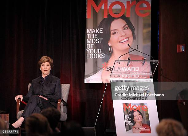 Former First Lady Laura Bush addresses the audience during a Q&A at the 3rd Annual More Magazine Reinvention Convention at Pier Sixty at Chelsea...