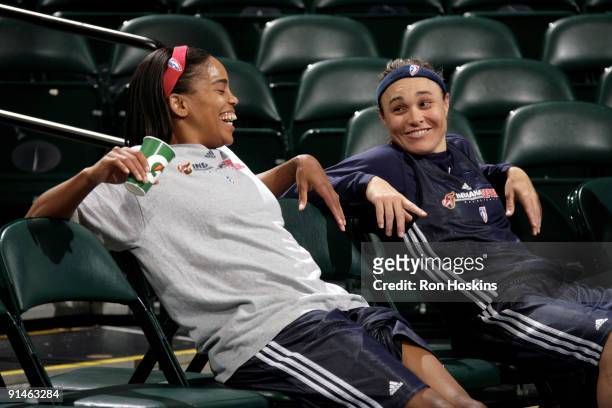 Tamecka Dixon and Tully Bevilaqua of the Indiana Fever hang out during practice after Game Three of the WNBA Finals on October 5, 2009 at Conseco...