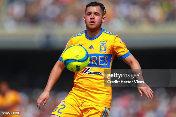 Israel Jimenez of Tigres looks the ball during the 5th round match between Pumas UNAM and Tigres UANL as part of the Torneo Clausura 2018 Liga MX at...