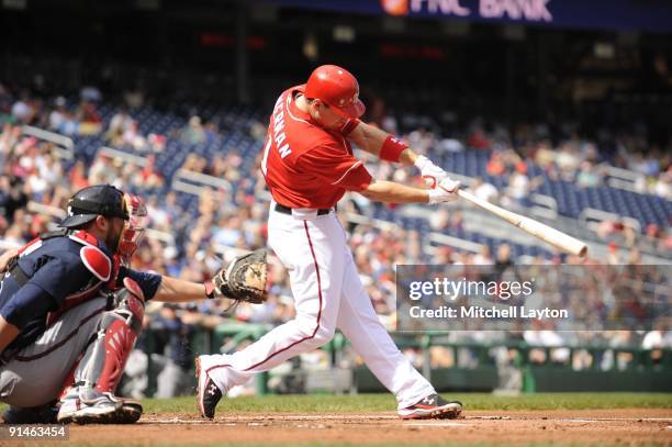 Ryan Zimmerman of the Washington Nationals takes a swing during a baseball game against the Atlanta Braves on September 27, 2009 at Nationals Park in...