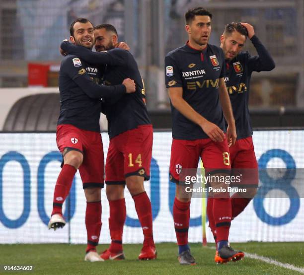 Goran Pandev with his teammates of Genoa celebrates after scoring the opening goal during the Serie A match between SS Lazio and Genoa at Stadio...