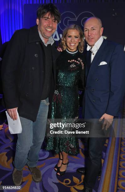 Alex James, Nicki Shields and Dylan Jones attend the GQ Car Awards 2018 in association with Michelin at Corinthia London on February 5, 2018 in...