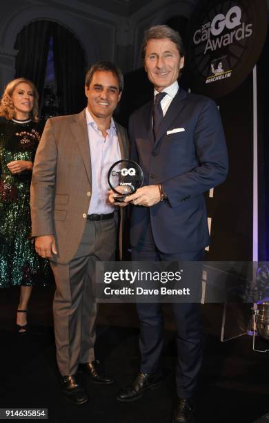 Juan Pablo Montoya and Stephan Winkelmann attend the GQ Car Awards 2018 in association with Michelin at Corinthia London on February 5, 2018 in...