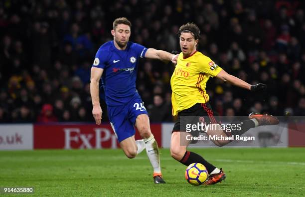 Daryl Janmaat of Watford scores the 2nd Watford goal during the Premier League match between Watford and Chelsea at Vicarage Road on February 5, 2018...