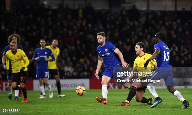 Daryl Janmaat of Watford scores the 2nd Watford goal during the Premier League match between Watford and Chelsea at Vicarage Road on February 5, 2018...