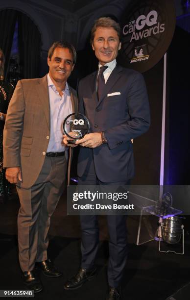 Juan Pablo Montoya and Stephan Winkelmann attend the GQ Car Awards 2018 in association with Michelin at Corinthia London on February 5, 2018 in...