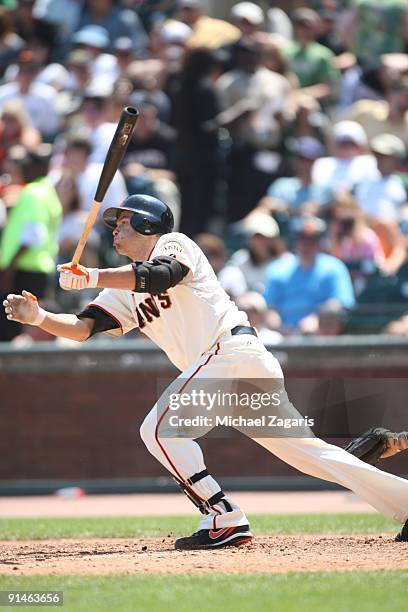 Freddy Sanchez of the San Francisco Giants hitting during the game against the Cincinnati Reds at the AT&T Park in San Francisco, California on...