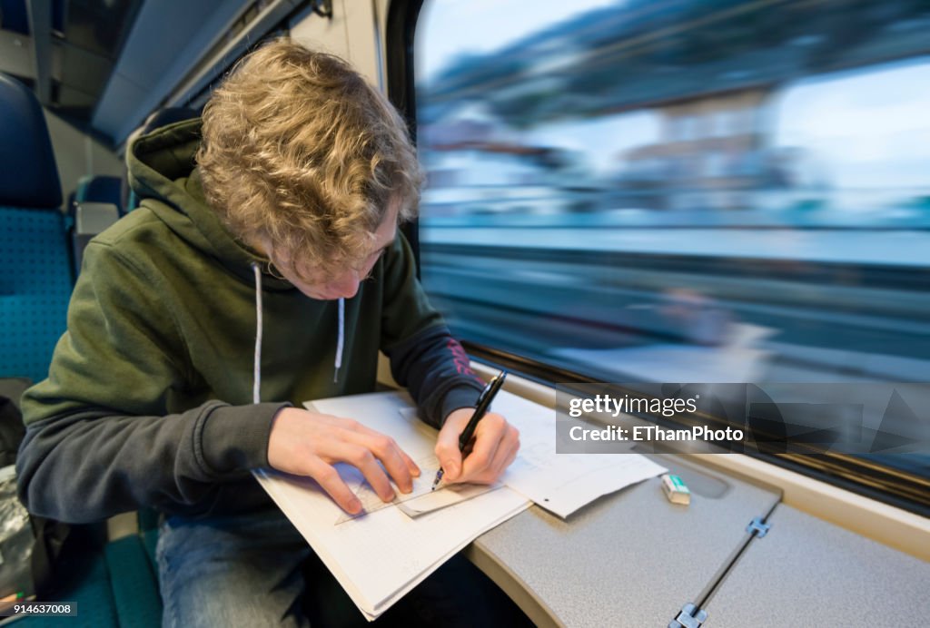 Young man working on a commuter train.