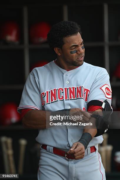Willy Taveras of the Cincinnati Reds watches play during the game against the San Francisco Giants at the AT&T Park in San Francisco, California on...