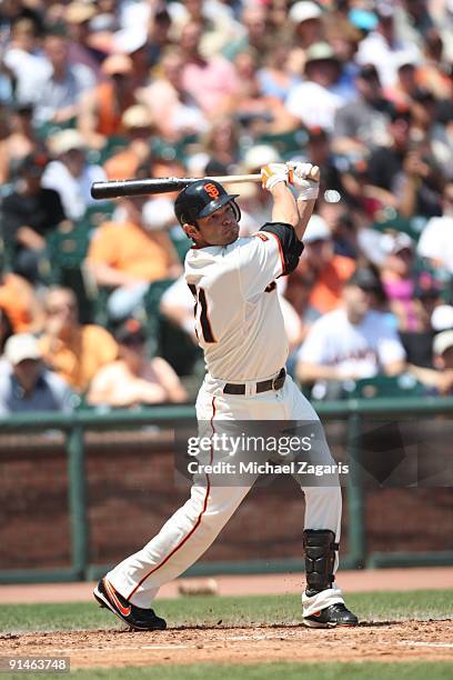 Freddy Sanchez of the San Francisco Giants hitting during the game against the Cincinnati Reds at the AT&T Park in San Francisco, California on...