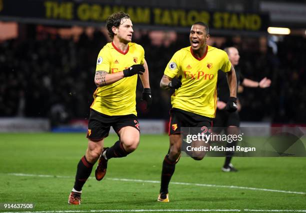 Daryl Janmaat of Watford celebrates scoring the 2nd Watford goal with Marvin Zeegelaar of Watford during the Premier League match between Watford and...