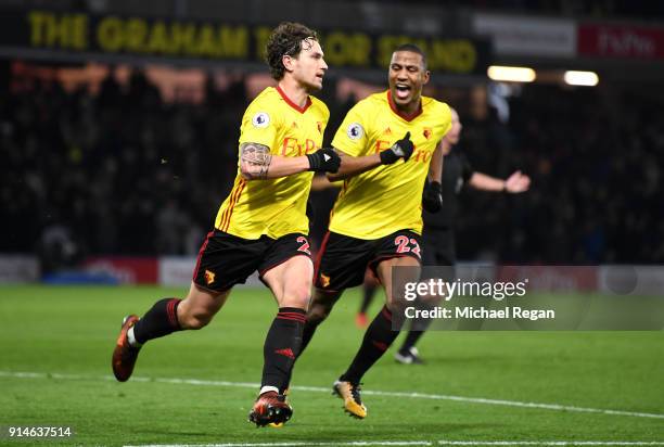 Daryl Janmaat of Watford celebrates scoring the 2nd Watford goal with Marvin Zeegelaar of Watford during the Premier League match between Watford and...