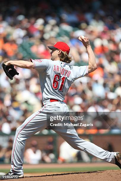 Bronson Arroyo of the Cincinnati Reds pitching during the game against the San Francisco Giants at the AT&T Park in San Francisco, California on...