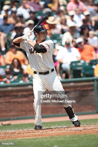 Freddy Sanchez of the San Francisco Giants hitting during the game against the Cincinnati Reds at the AT&T Park in San Francisco, California on...