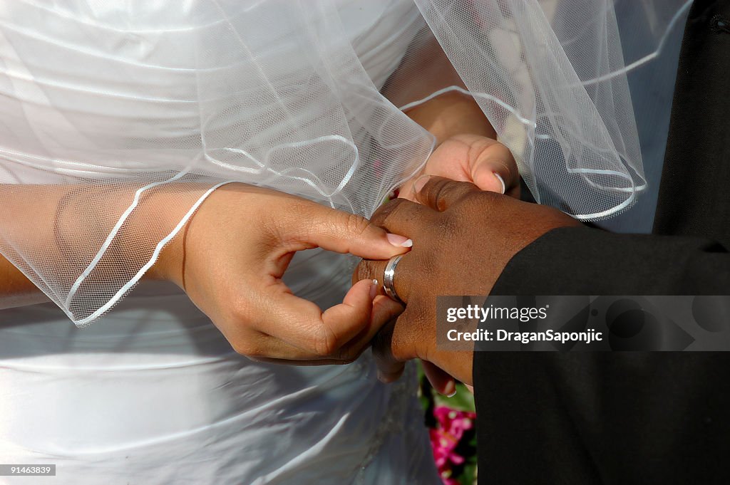 Wedding couple exchanging rings