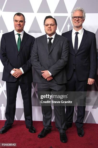 Visual effects artists Chris Corbould, Mike Mulholland, and Ben Morris attend the 90th Annual Academy Awards Nominee Luncheon at The Beverly Hilton...