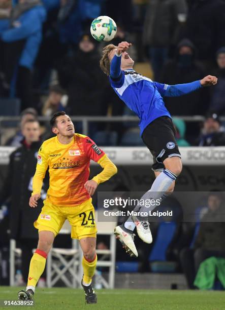 Steven Skrzybski of 1 FC Union Berlin and Brian Behrendt of Arminia Bielefeld during the Second Bundesliga match between Arminia Bielefeld and Union...