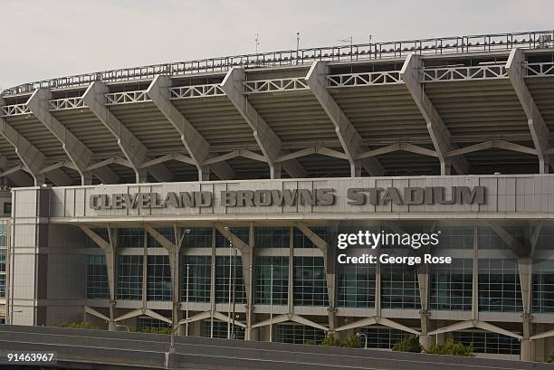 The east entrance to the Cleveland Browns NFL footbal stadium is seen in this 2009 Cleveland, Ohio, early afternoon downtown landscape photo.