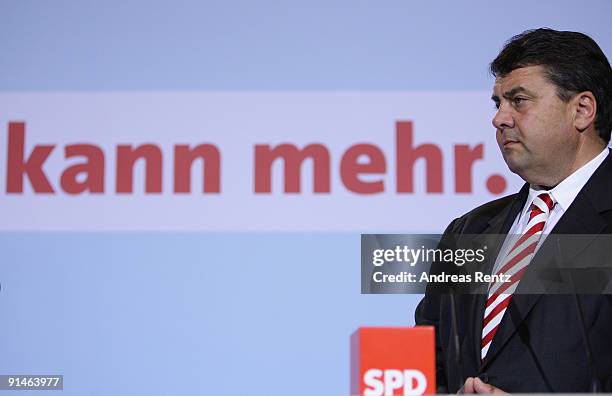 Sigmar Gabriel adresses the media during a press conference following a meeting of the party's executive committee at Willy-Brandt-Haus on October 5,...