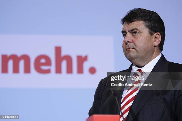 Sigmar Gabriel adresses the media during a press conference following a meeting of the party's executive committee at Willy-Brandt-Haus on October 5,...