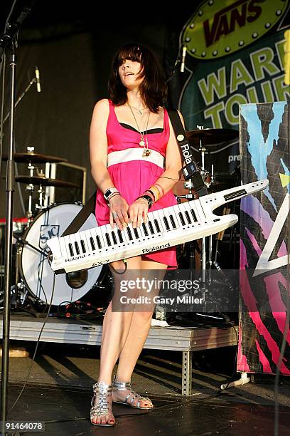 Keytar player Victoria Asher of Cobra Starship performs during the Van's Warped Tour at the Verizon Wireless Amphitheater on July 5, 2008 in San...