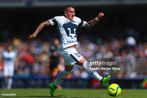 Nicolas Castillo of Pumas drives the ball during the 5th round match between Pumas UNAM and Tigres UANL as part of the Torneo Clausura 2018 Liga MX...