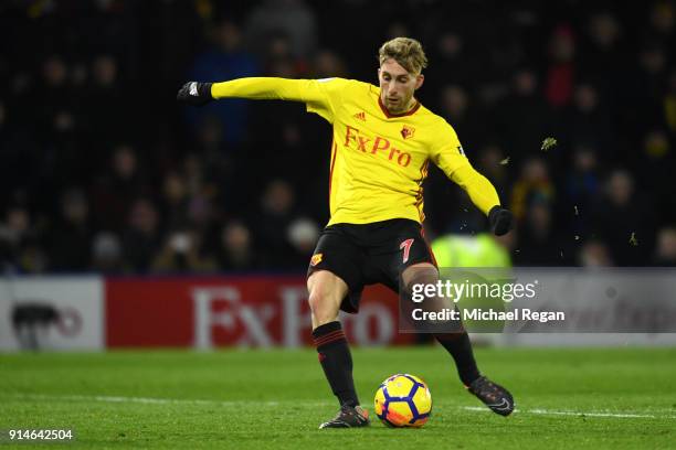 Gerard Deulofeu of Watford scores the 3rd Watford goal during the Premier League match between Watford and Chelsea at Vicarage Road on February 5,...