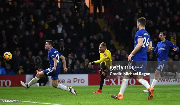 Roberto Pereyra of Watford scores the 4th Watford goal during the Premier League match between Watford and Chelsea at Vicarage Road on February 5,...