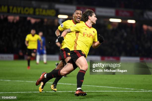 Daryl Janmaat of Watford celebrates scoring the 2nd Watford goal with Marvin Zeegelaar of Watford during the Premier League match between Watford and...
