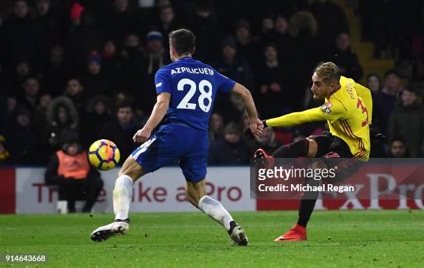 Roberto Pereyra of Watford scores the 4th Watford goal during the Premier League match between Watford and Chelsea at Vicarage Road on February 5,...