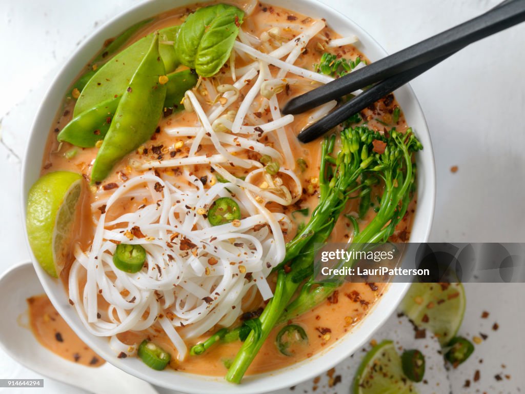 Red Curry Noodle Soup with Broccolini, Bean Sprouts and Fresh Basil,