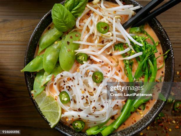 red curry noodle soup with broccolini, bean sprouts and fresh basil, - macarrão de arroz imagens e fotografias de stock