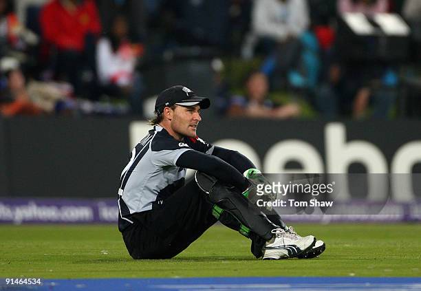Brendon McCullum of New Zeland looks on after dropping a catch during the ICC Champions Trophy Final between Australia and New Zealand played at...