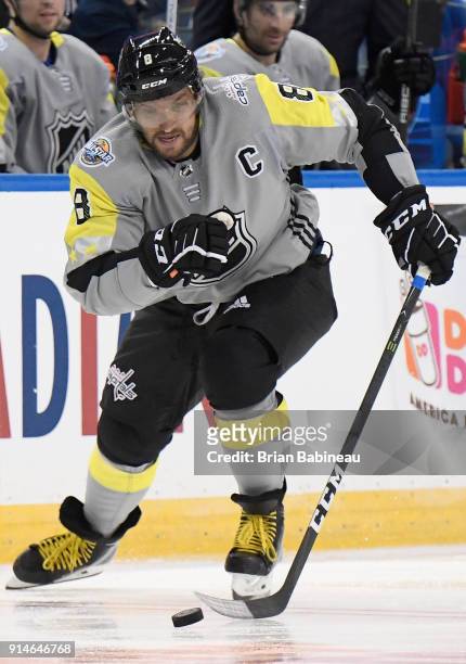 Alexander Ovechkin of the Washington Capitals skates the puck through the neutral zone during the 2018 Honda NHL All-Star Game between the Atlantic...