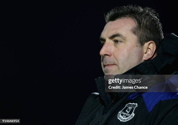 David Unsworth, Manager of Everton U23 looks on during the Premier League 2 match between Arsenal and Everton at Meadow Park on February 5, 2018 in...