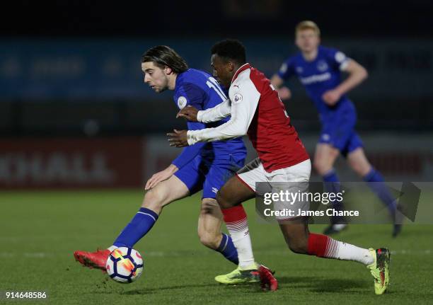 Anthony Evans of Everton is challenged by Tolaji Bola of Arsenal during the Premier League 2 match between Arsenal and Everton at Meadow Park on...