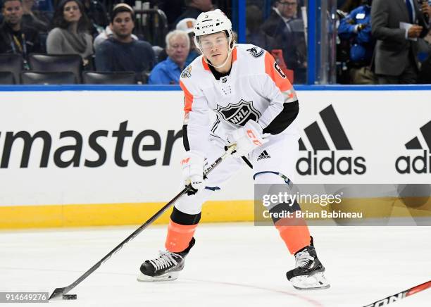 Brock Boeser of the Vancouver Canucks plays in the 2018 Honda NHL All-Star Game between the Central Division and the Pacific Divison at Amalie Arena...