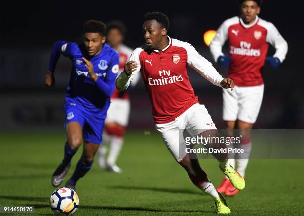 Tolaji Bola of Arsenal takes on Nathangelo Markelo of Everton during the Premier League 2 match between Arsenal and Everton at Meadow Park on...