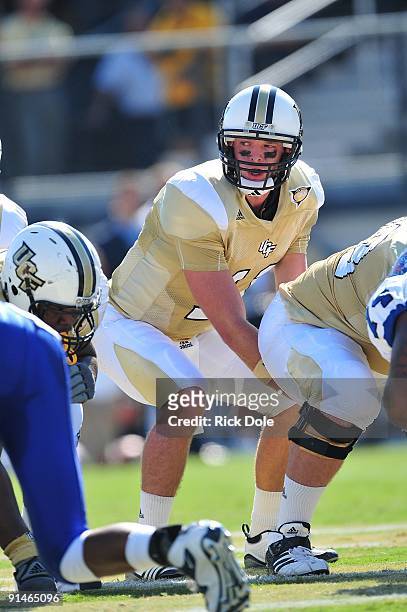 Quarterback Brett Hodges of Central Florida Knights under center barking signals against the Memphis Tigers at Bright House Networks Stadium on...