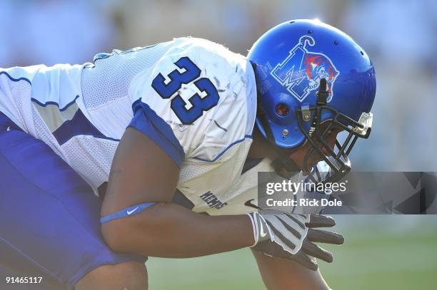 Defensive end Justin Thompson of the Memphis Tigers lines up against the Central Florida Knights at Bright House Networks Stadium on October 3, 2009...